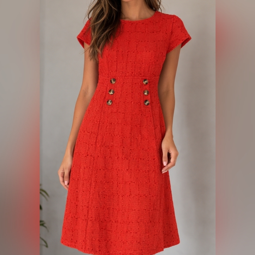 Ann Taylor Petite 2P Vermillion Tweed Sheath Dress Gold Button Detail Career